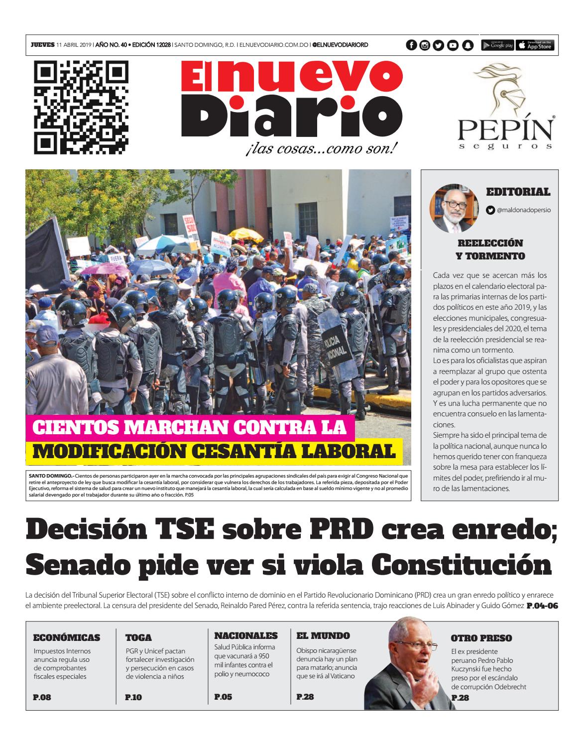 Portada Periódico El Nuevo Diario, Jueves 11 Abril 2019