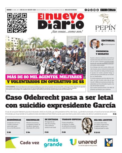 Portada Periódico El Nuevo Diario, Jueves 18 Abril 2019