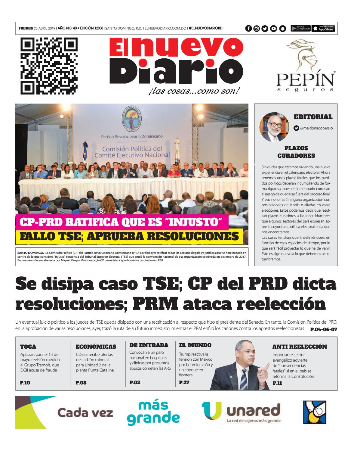 Portada Periódico El Nuevo Diario, Jueves 25 Abril 2019