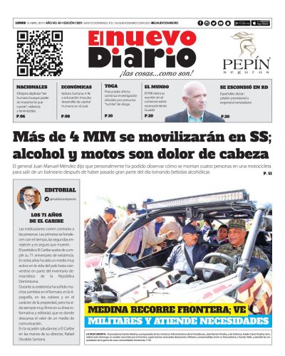 Portada Periódico El Nuevo Diario, Lunes 15 Abril 2019