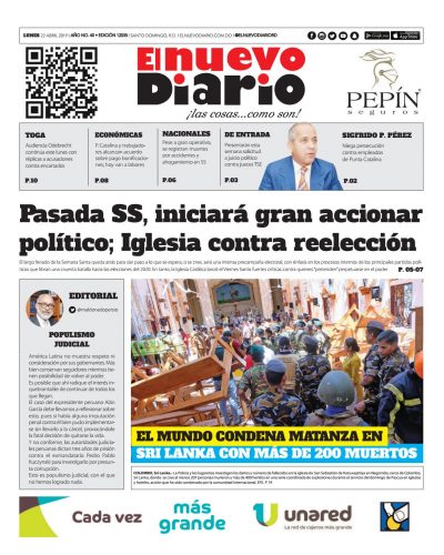 Portada Periódico El Nuevo Diario, Lunes 22 Abril 2019