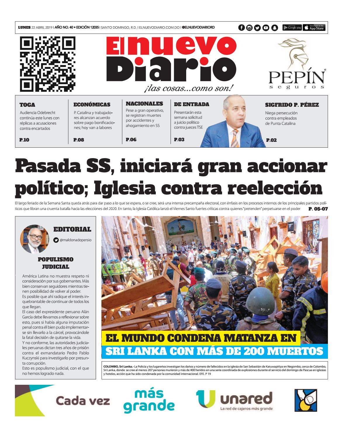 Portada Periódico El Nuevo Diario, Lunes 22 Abril 2019