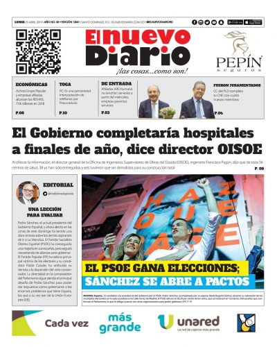 Portada Periódico El Nuevo Diario, Lunes 29 Abril 2019
