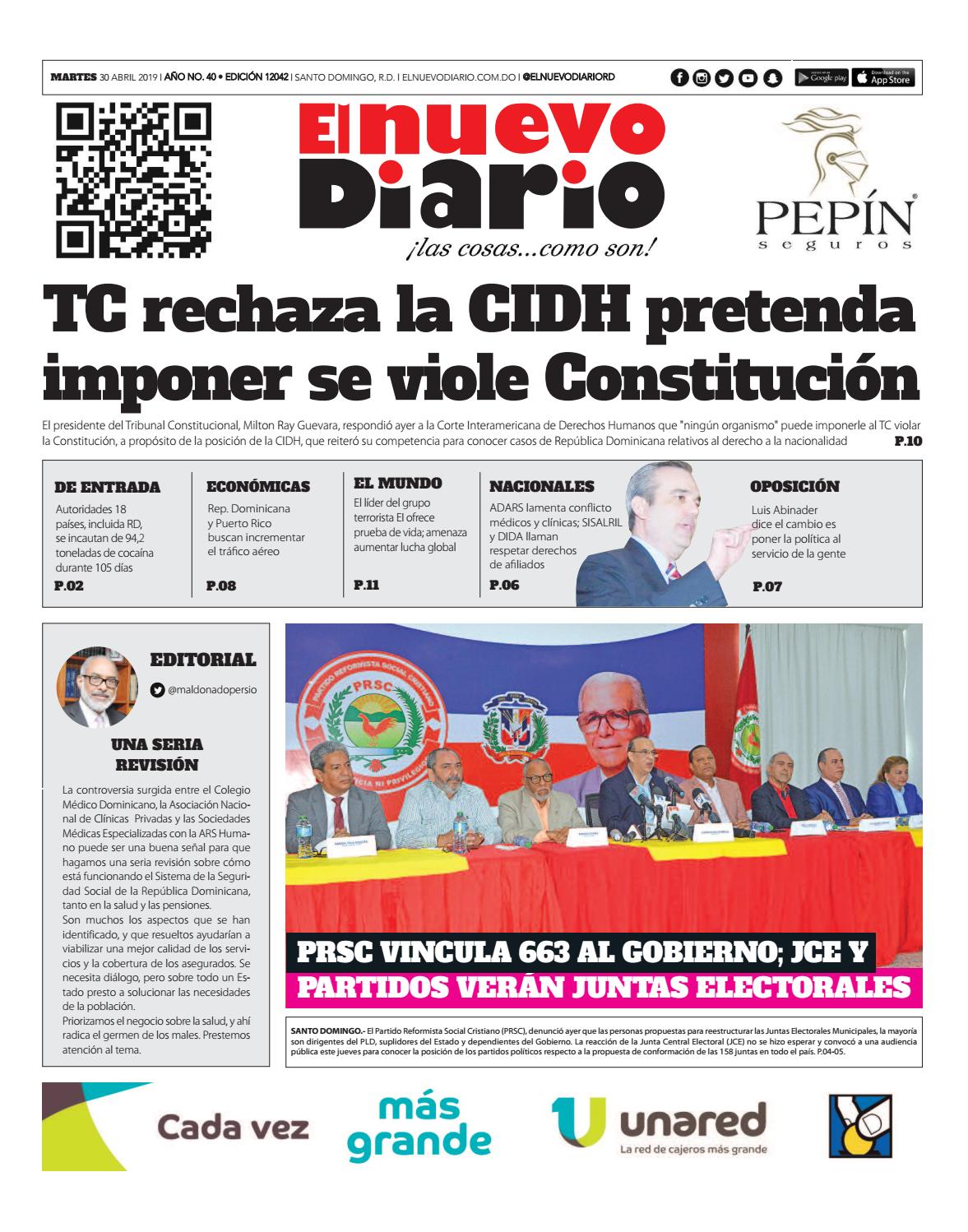 Portada Periódico El Nuevo Diario, Martes 30 Abril 2019