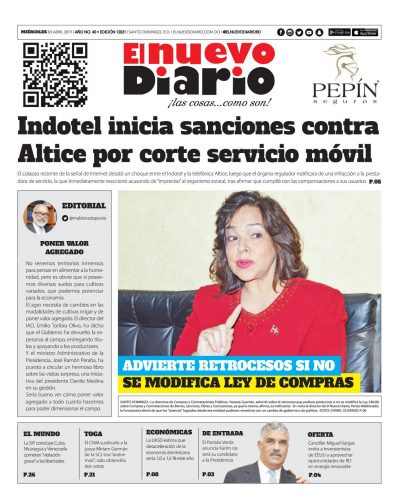 Portada Periódico El Nuevo Diario, Miércoles 03 Abril 2019