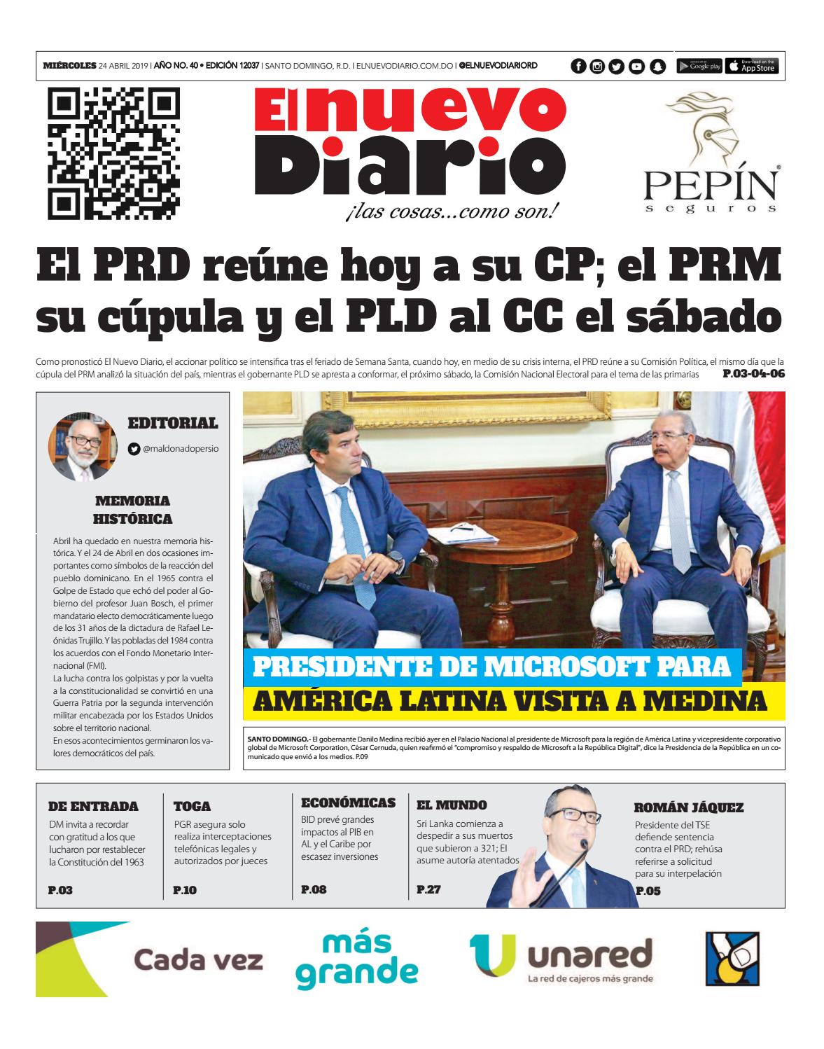 Portada Periódico El Nuevo Diario, Miércoles 24 Abril 2019