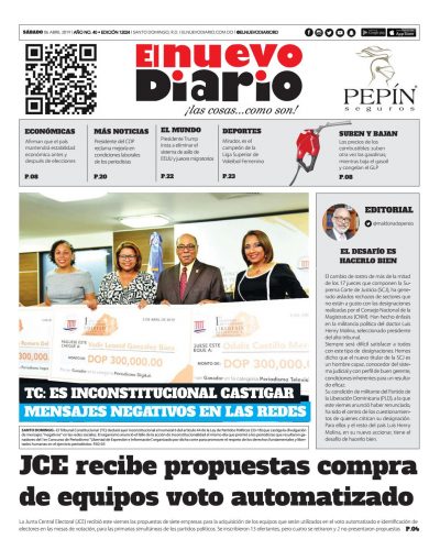 Portada Periódico El Nuevo Diario, Sábado 06 Abril 2019