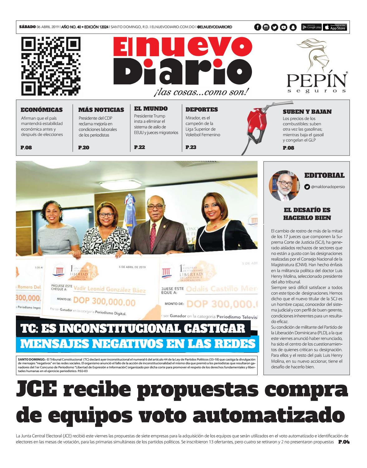 Portada Periódico El Nuevo Diario, Sábado 06 Abril 2019