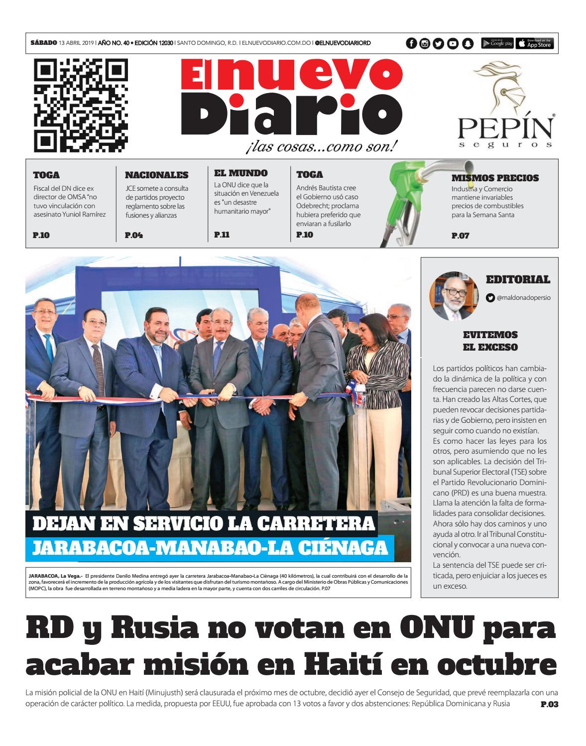 Portada Periódico El Nuevo Diario, Sábado 13 Abril 2019