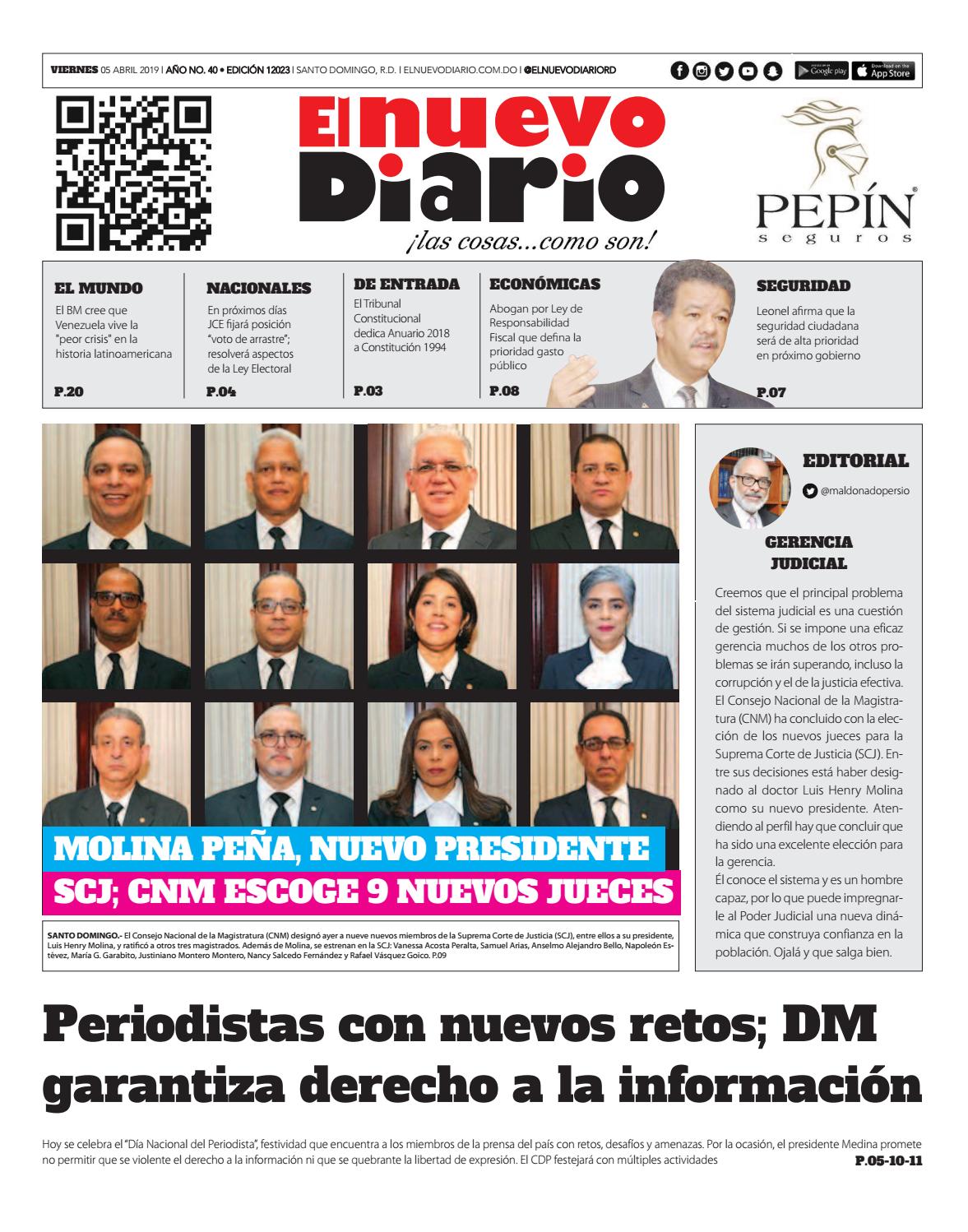 Portada Periódico El Nuevo Diario, Viernes 05 Abril 2019