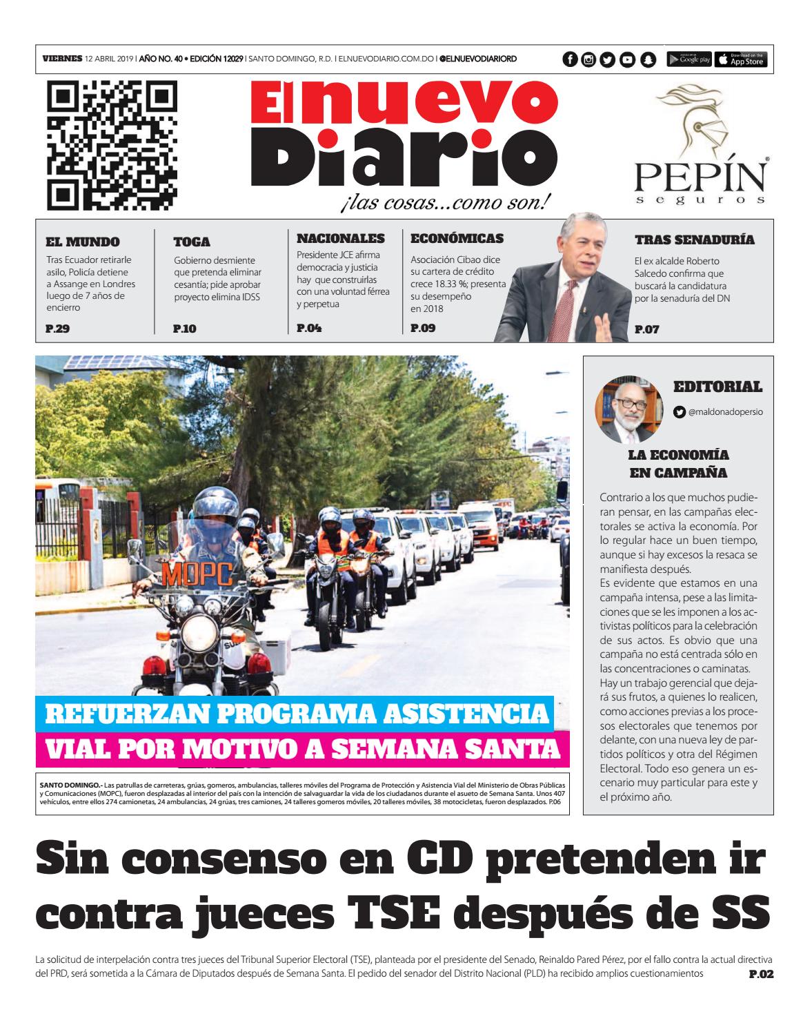 Portada Periódico El Nuevo Diario, Viernes 12 Abril 2019