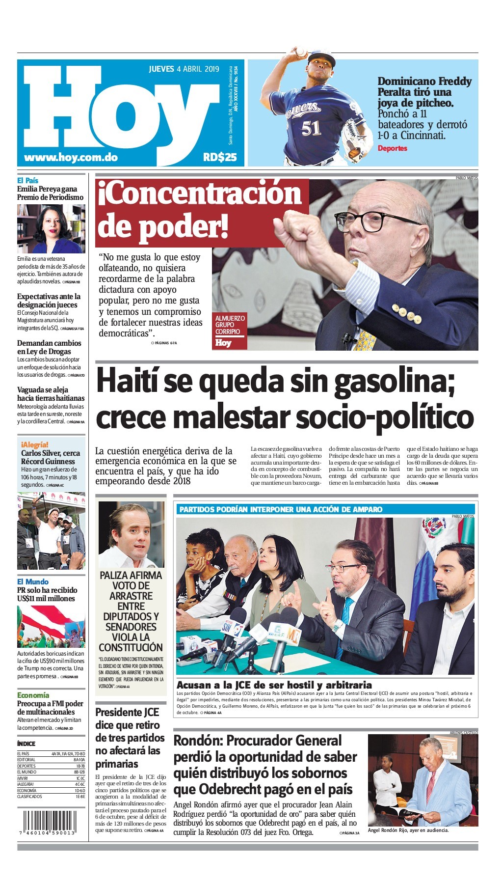 Portada Periódico Hoy, Jueves 04 Abril 2019