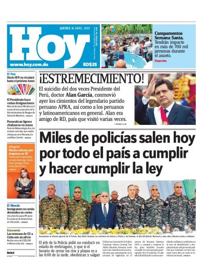 Portada Periódico Hoy, Jueves 18 Abril 2019