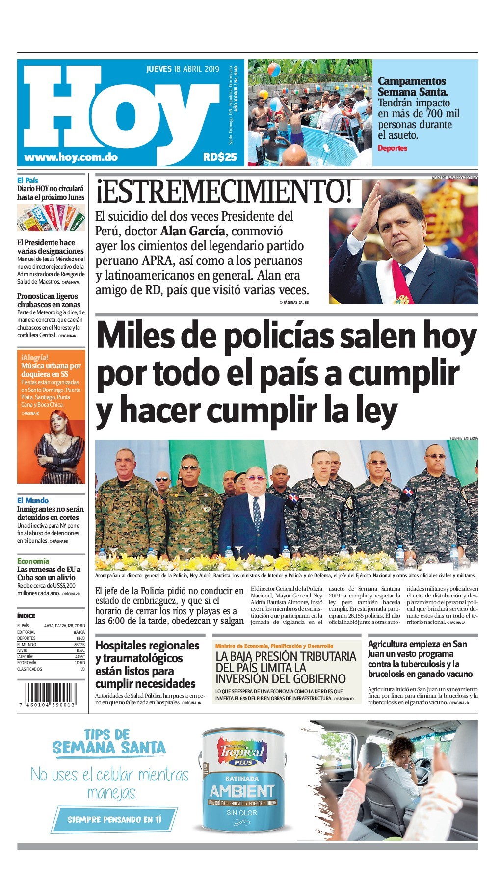 Portada Periódico Hoy, Jueves 18 Abril 2019