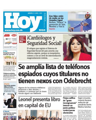Portada Periódico Hoy, Jueves 25 Abril 2019