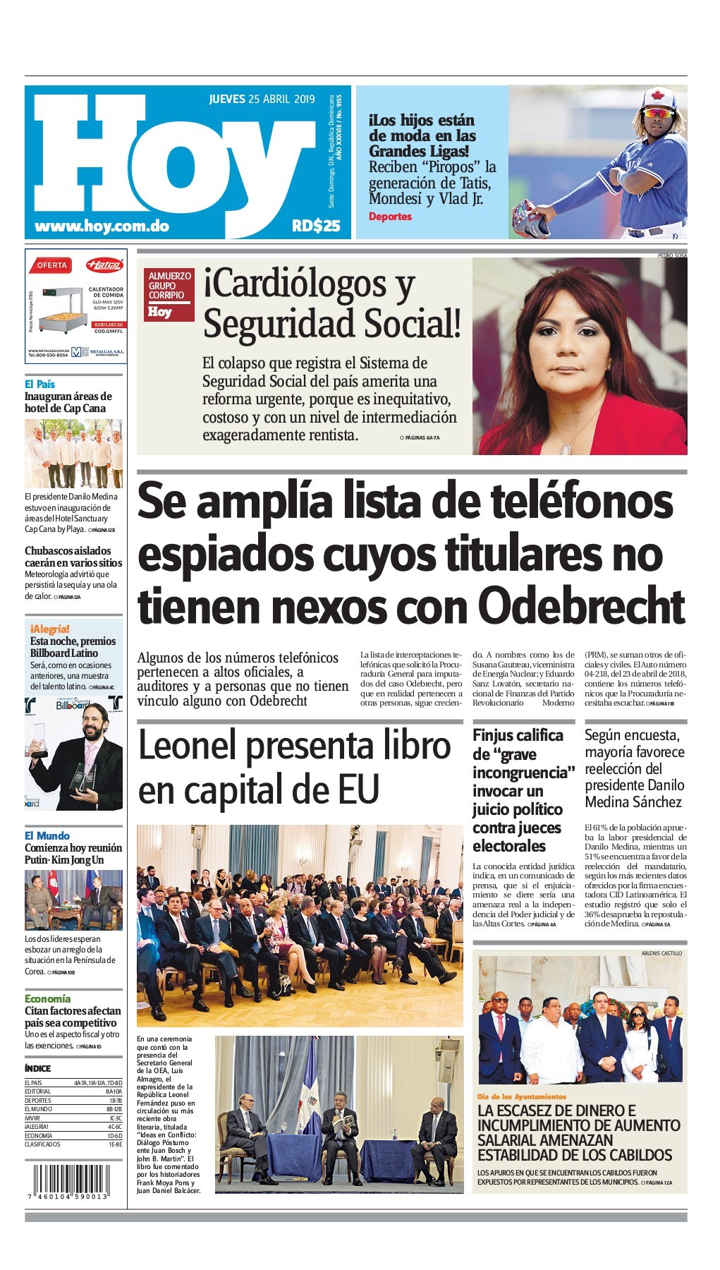 Portada Periódico Hoy, Jueves 25 Abril 2019