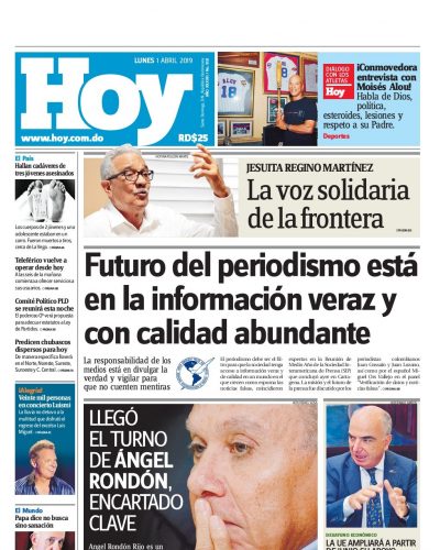 Portada Periódico Hoy, Lunes 01 Abril 2019