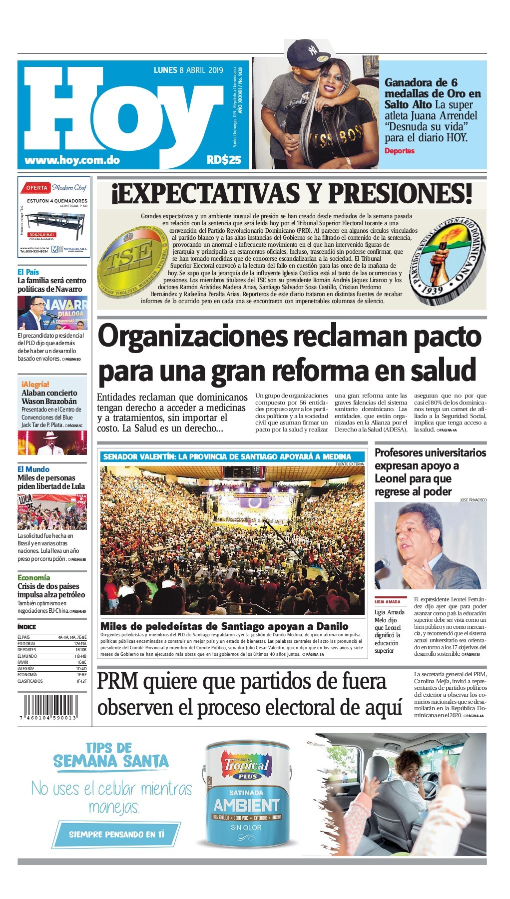 Portada Periódico Hoy, Lunes 08 Abril 2019