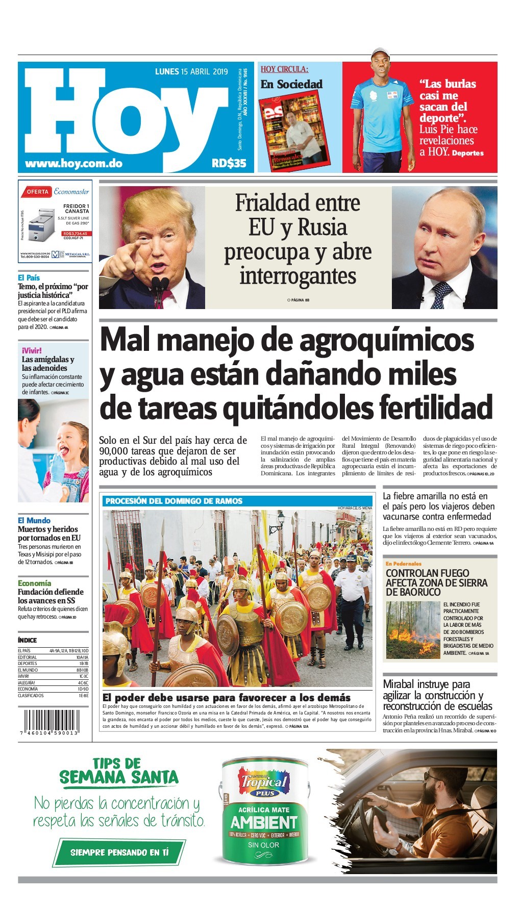 Portada Periódico Hoy, Lunes 15 Abril 2019