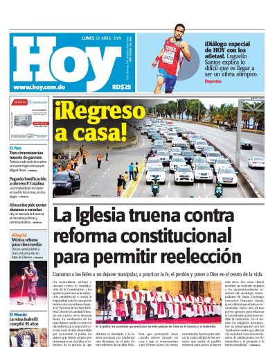 Portada Periódico Hoy, Lunes 22 Abril 2019