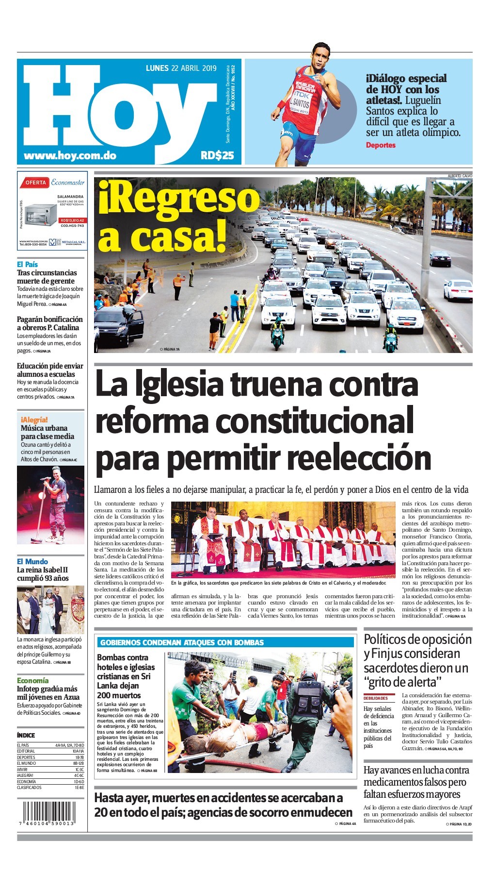 Portada Periódico Hoy, Lunes 22 Abril 2019
