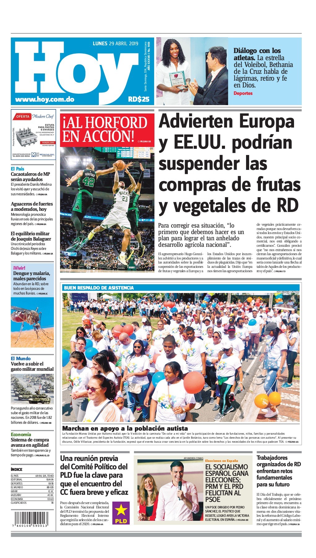 Portada Periódico Hoy, Lunes 29 Abril 2019