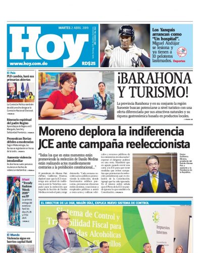 Portada Periódico Hoy, Martes 02 Abril 2019