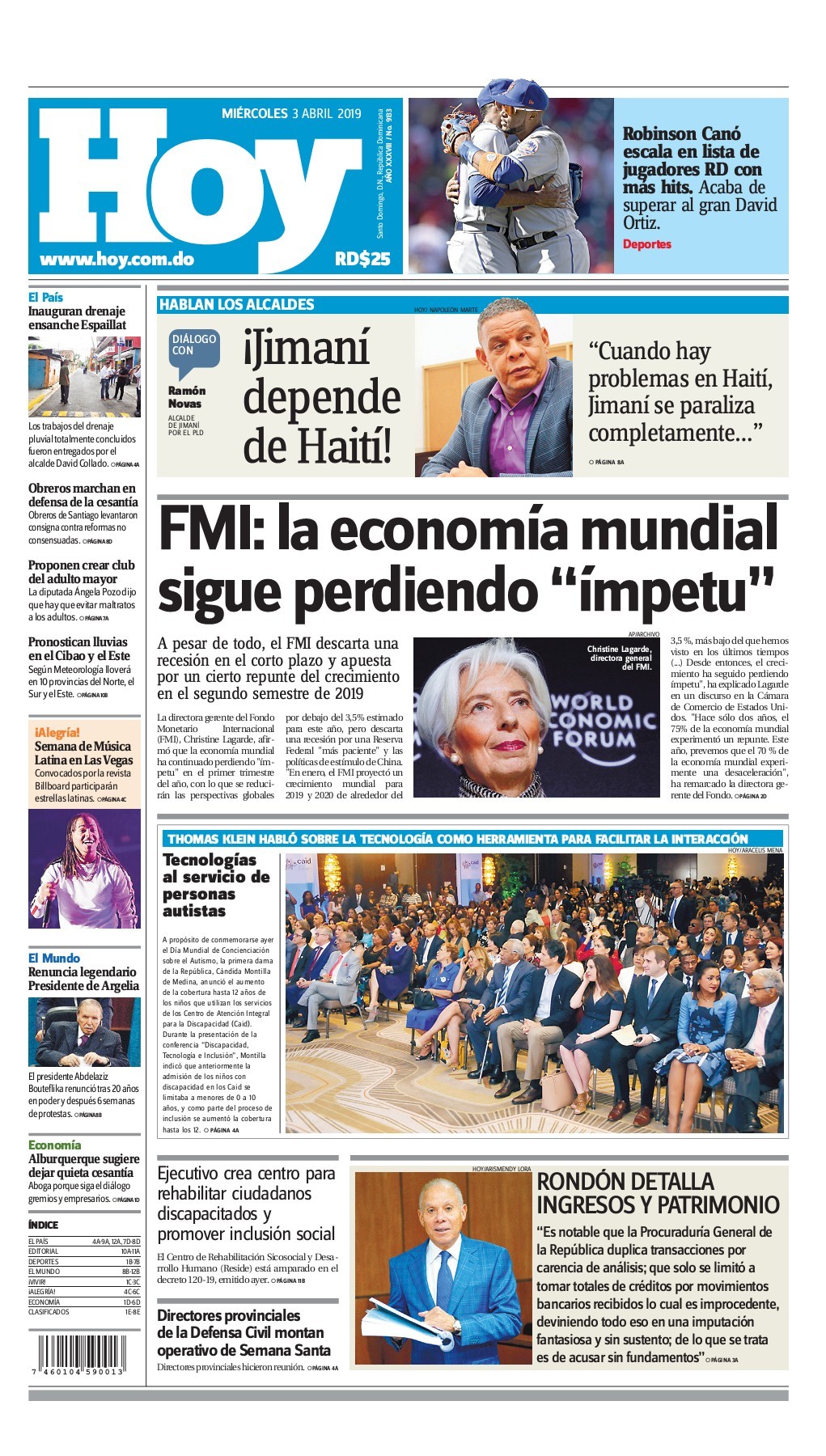 Portada Periódico Hoy, Miércoles 03 Abril 2019