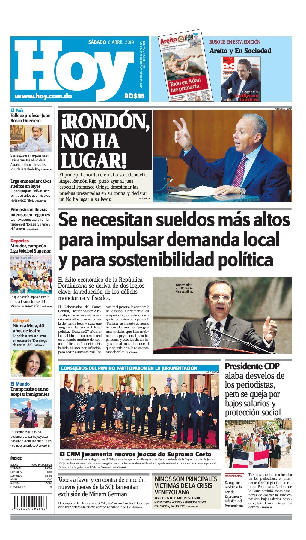 Portada Periódico Hoy, Sábado 06 Abril 2019