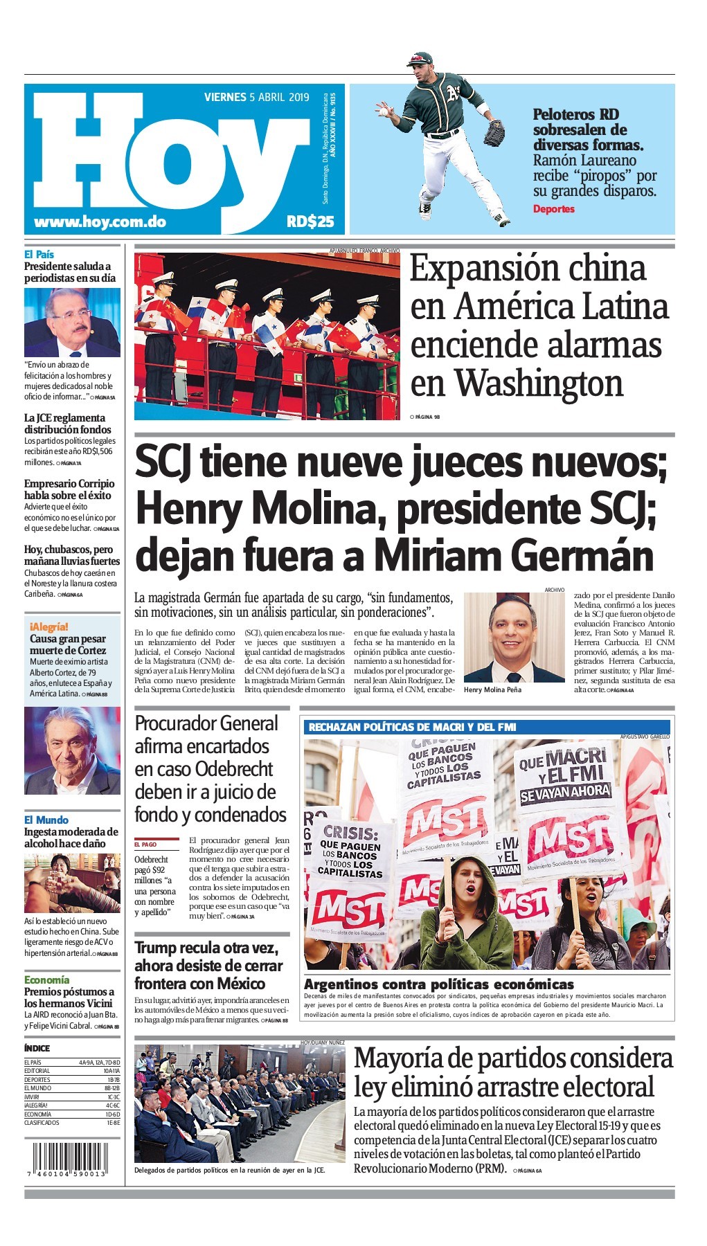 Portada Periódico Hoy, Viernes 05 Abril 2019