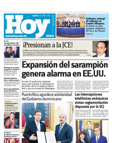 Portada Periódico Hoy, Viernes 26 Abril 2019