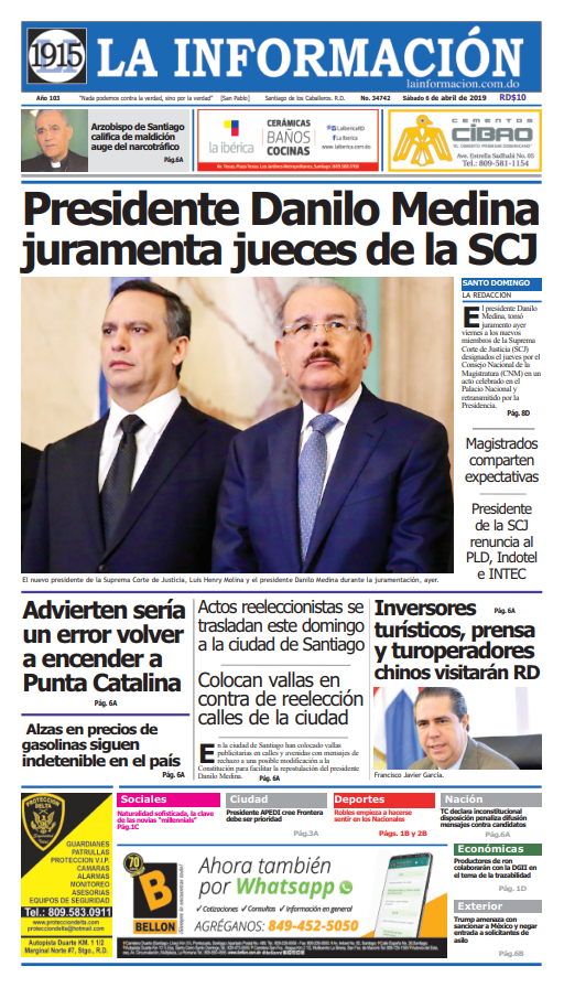Portada Periódico La Información, Domingo 06 Abril 2019