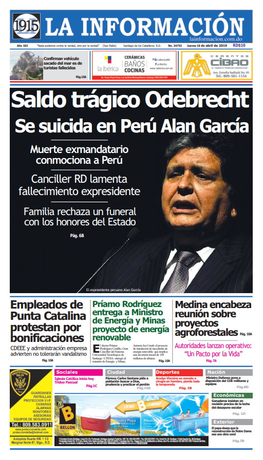 Portada Periódico La Información, Domingo 21 Abril 2019
