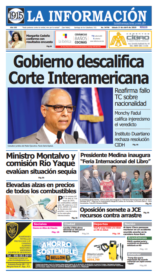 Portada Periódico La Información, Domingo 28 Abril 2019