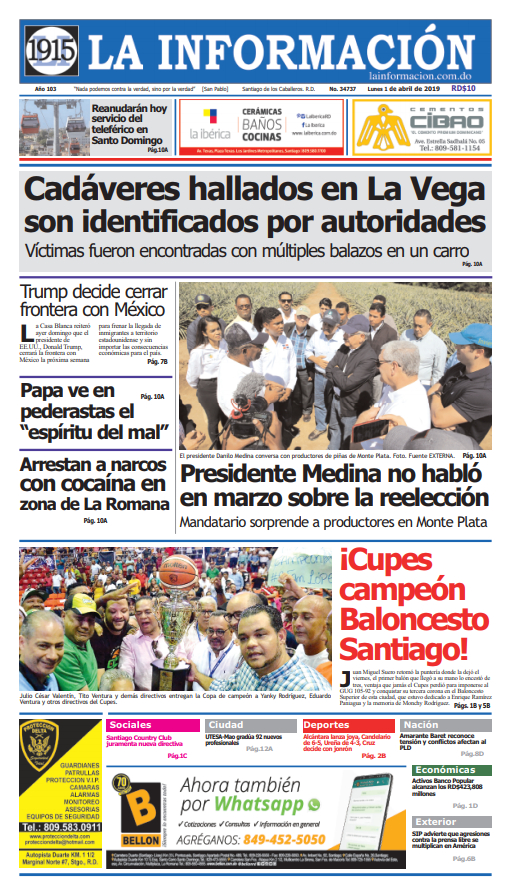 Portada Periódico La Información, Lunes 01 Abril 2019