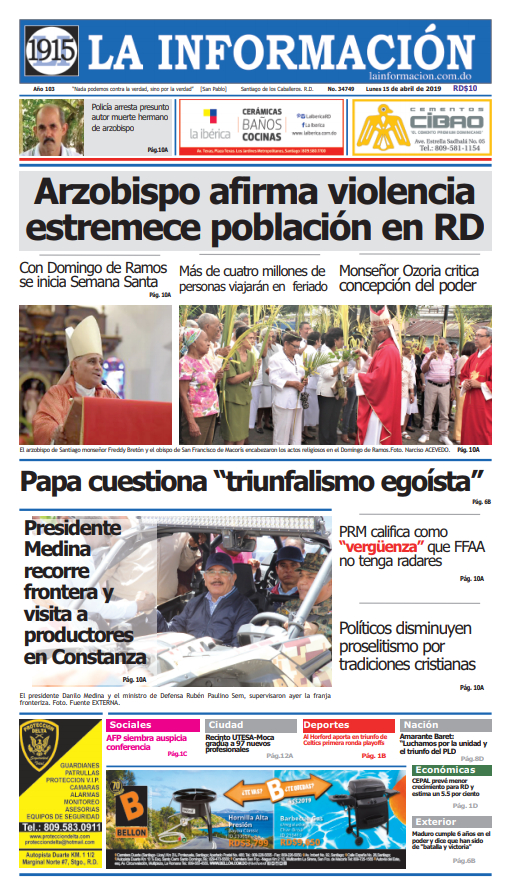 Portada Periódico La Información, Lunes 15 Abril 2019