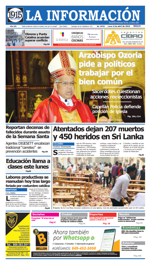 Portada Periódico La Información, Lunes 22 Abril 2019