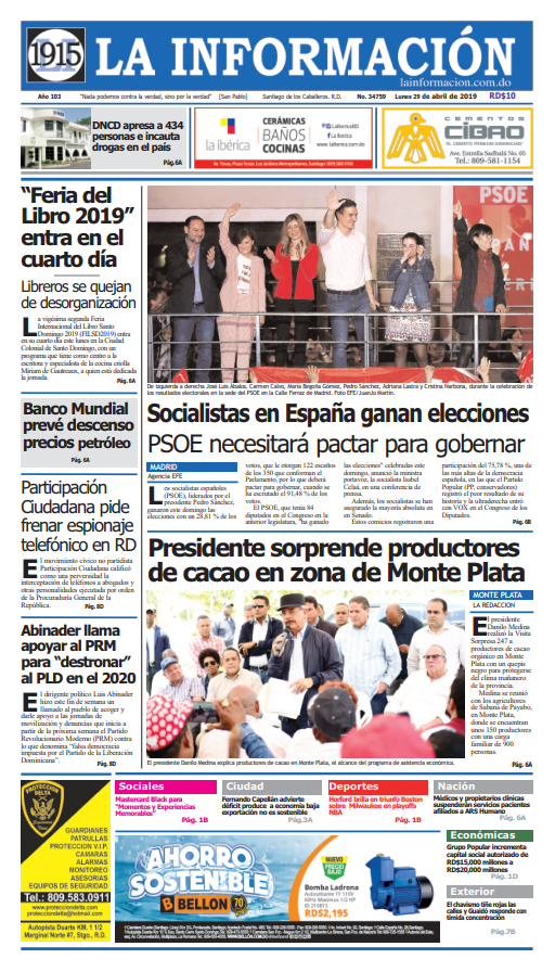 Portada Periódico La Información, Lunes 29 Abril 2019