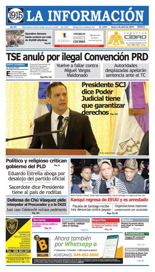 Portada Periódico La Información, Martes 09 Abril 2019