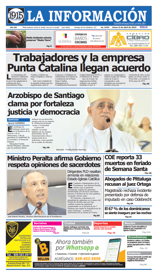 Portada Periódico La Información, Martes 23 Abril 2019