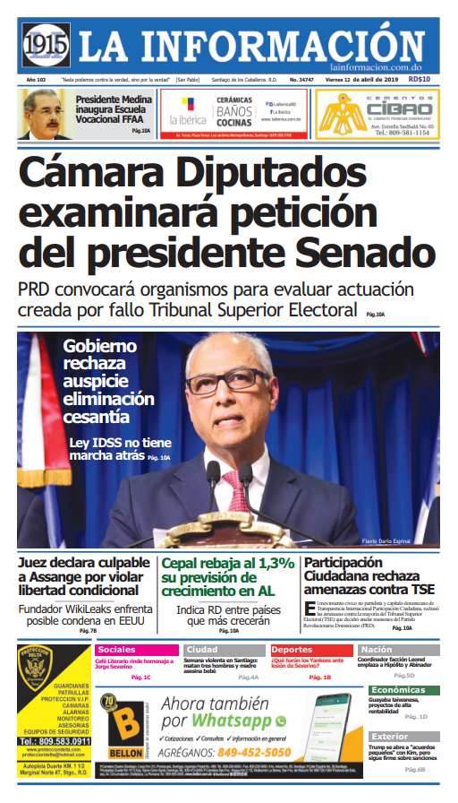 Portada Periódico La Información, Viernes 12 Abril 2019