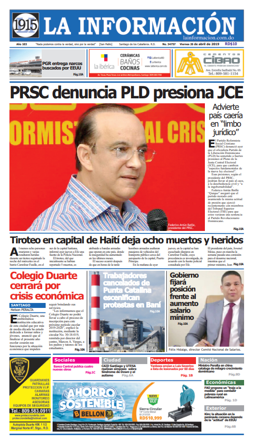 Portada Periódico La Información, Viernes 26 Abril 2019