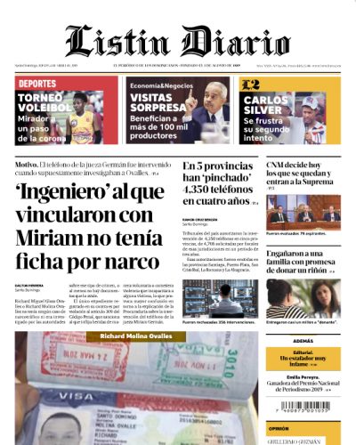 Portada Periódico Listín Diario, Jueves 04 Abril 2019