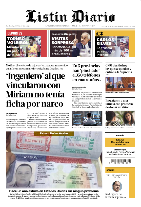 Portada Periódico Listín Diario, Jueves 04 Abril 2019