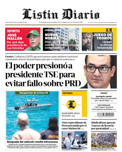 Portada Periódico Listín Diario, Jueves 11 Abril 2019