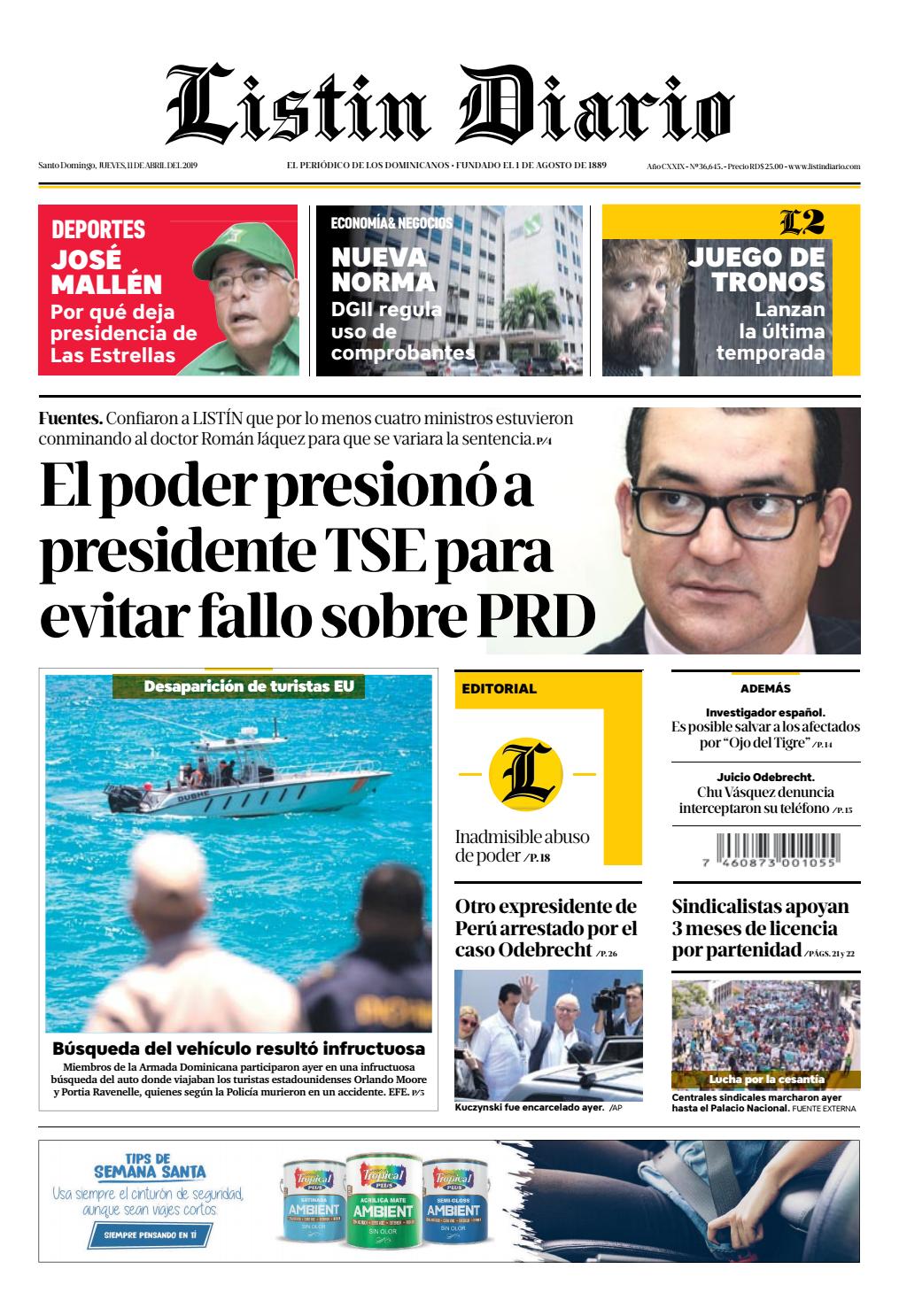 Portada Periódico Listín Diario, Jueves 11 Abril 2019