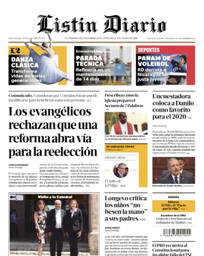 Portada Periódico Listín Diario, Jueves 25 Abril 2019
