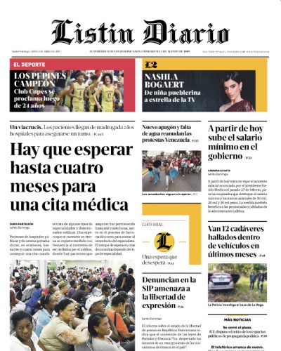 Portada Periódico Listín Diario, Lunes 01 Abril 2019