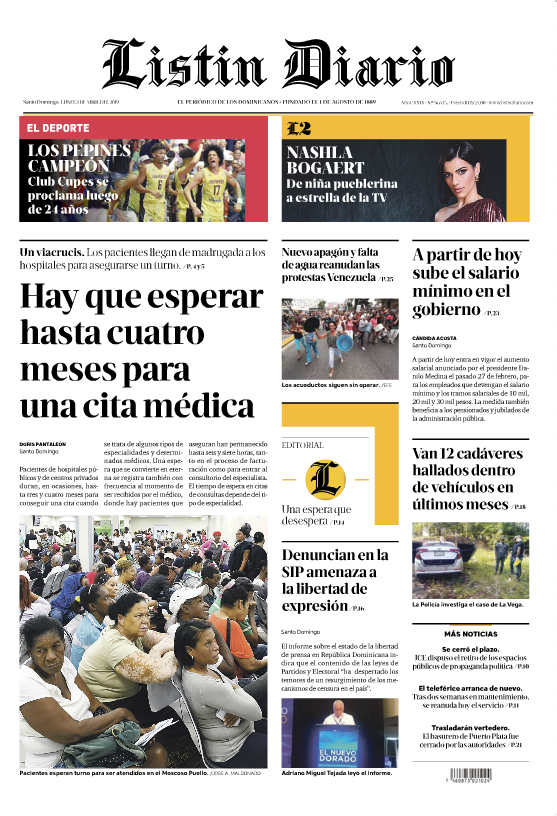 Portada Periódico Listín Diario, Lunes 01 Abril 2019