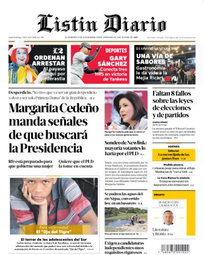 Portada Periódico Listín Diario, Lunes 08 Abril 2019